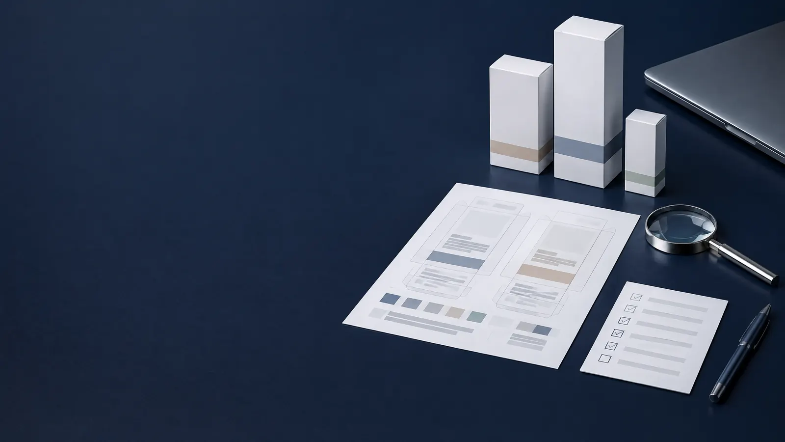 Unbranded white carton mockups, neutral label proofs, a checklist and a magnifier on a dark blue compliance desk.