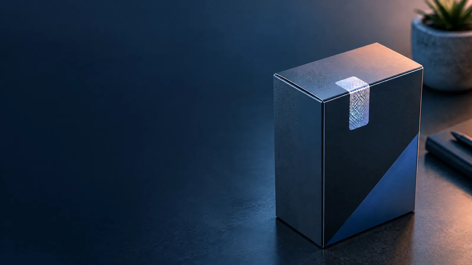 Unbranded vaping-product retail package with a generic tamper-seal strip on a dark blue compliance desk surface.
